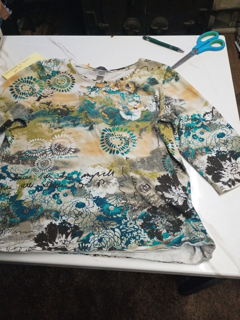 Floral Abstract Print Scoop Neck Top - Teal, Olive, Black